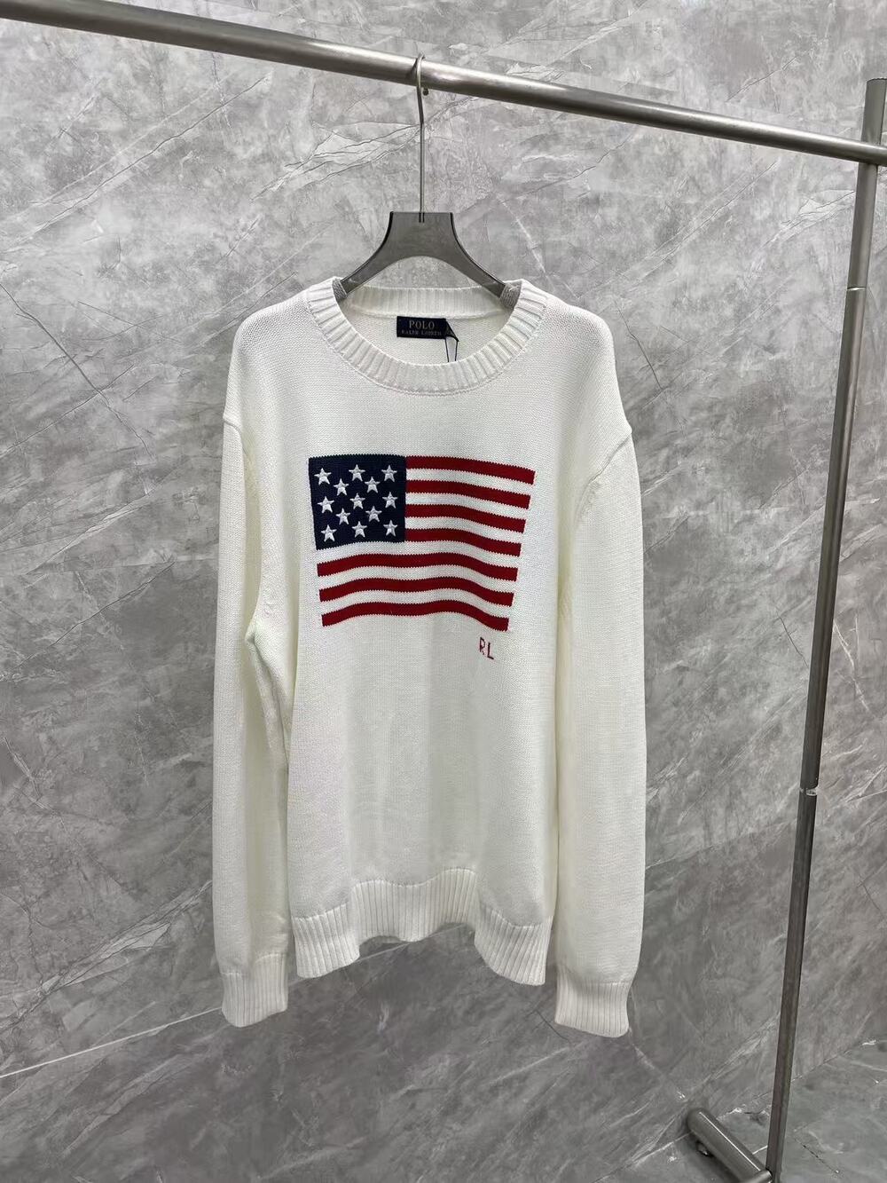 Polo Ralph Lauren White USA Flag Intarsia Crewneck Knit Sweater